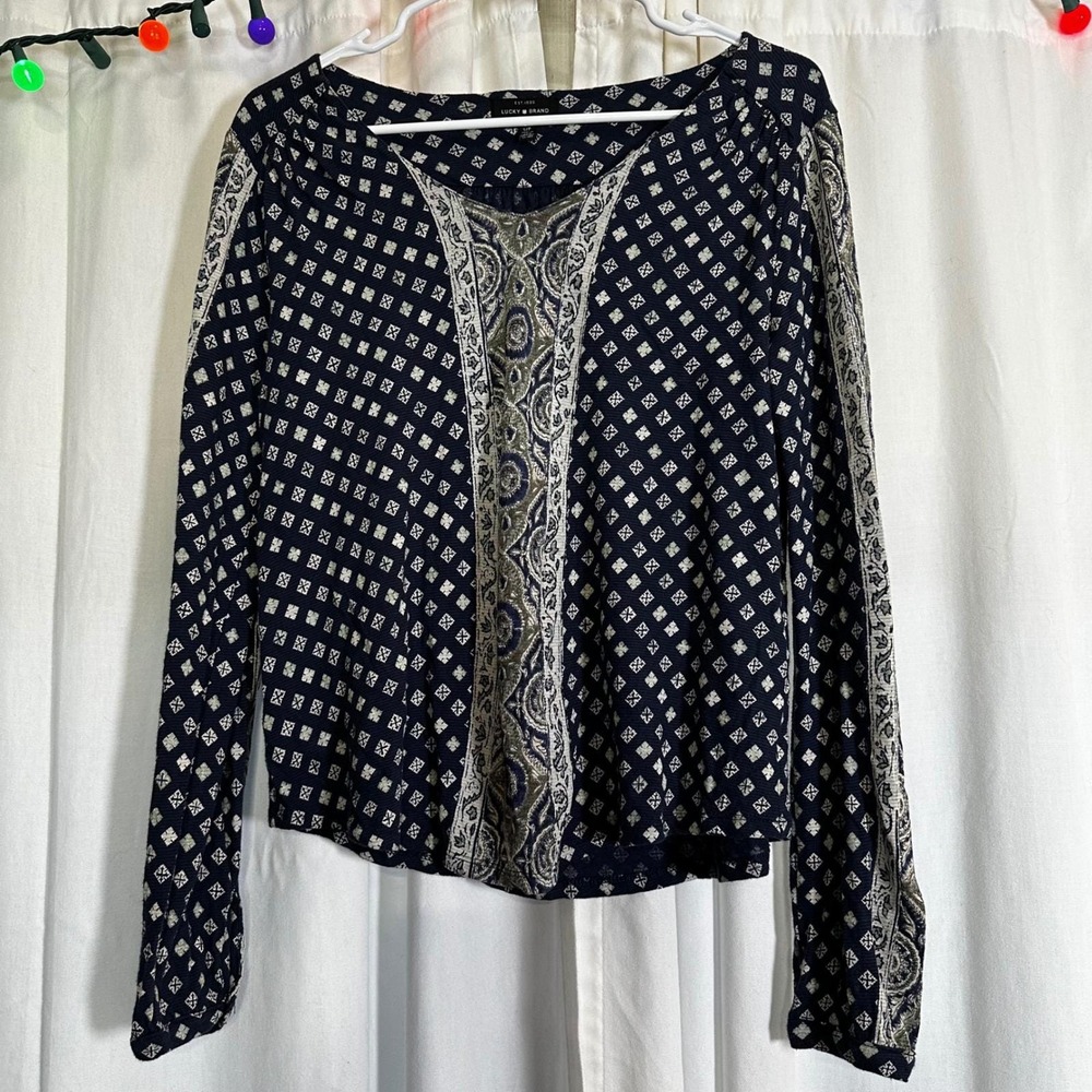 Lucky Brand Bohemian Peasant Womens Long Sleeve Paisley Print V Neck Top S P